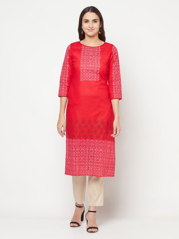 Aniyah Cotton Block Print Red Straight Kurta