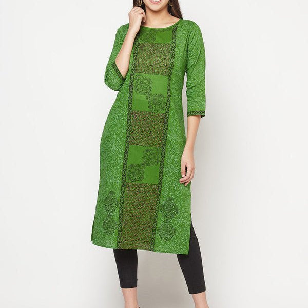 Aniyah Cotton Block Print Green Straight Kurta