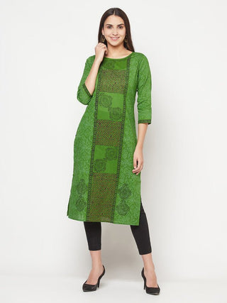 Aniyah Cotton Block Print Green Straight Kurta