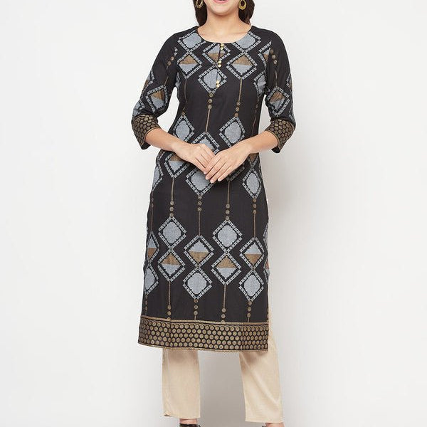Aniyah Rayon Screen Print Black Straight Kurta