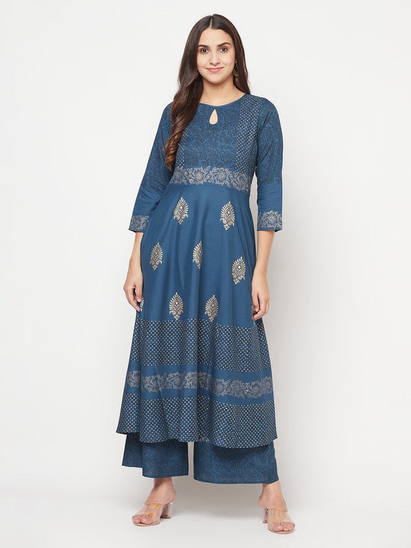 Aniyah Rayon Block Print Blue Anarkali Palazzo Set