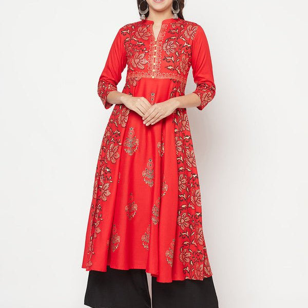 Aniyah Rayon Block Print Red Anarkali Kurta