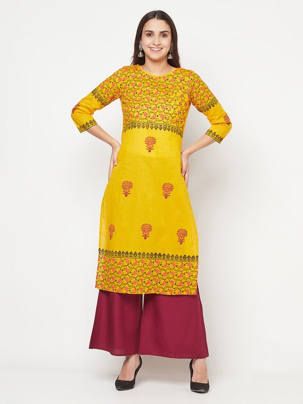 Aniyah Mustard Cotton Block Print Straight Kurta
