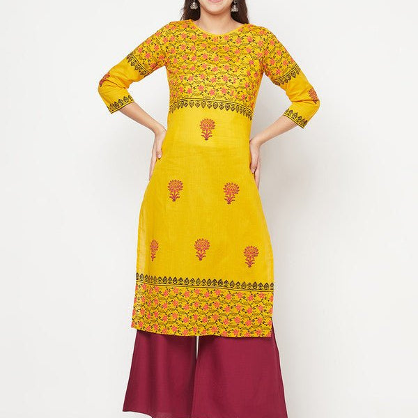 Aniyah Mustard Cotton Block Print Straight Kurta