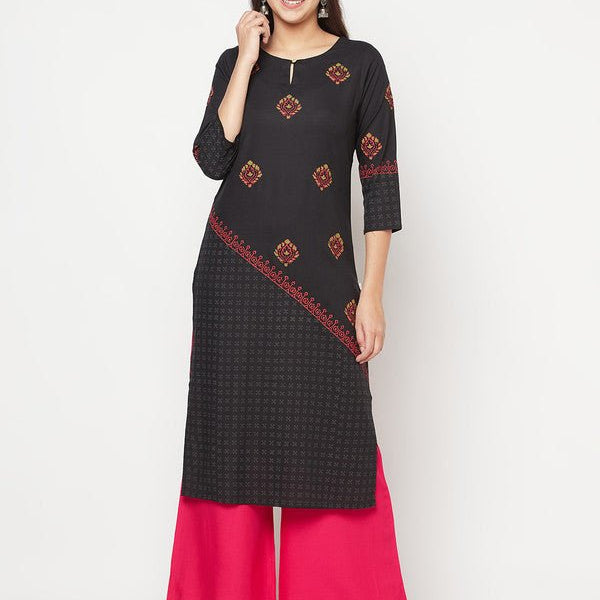 Aniyah Rayon Block Print Straight Kurta - Black