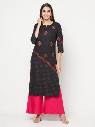 Aniyah Rayon Block Print Straight Kurta - Black