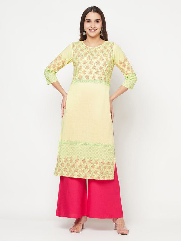 Aniyah Cotton Block Print Lemon Yellow Straight Kurta
