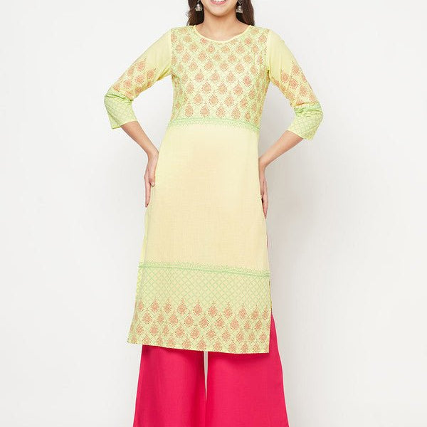 Aniyah Cotton Block Print Lemon Yellow Straight Kurta