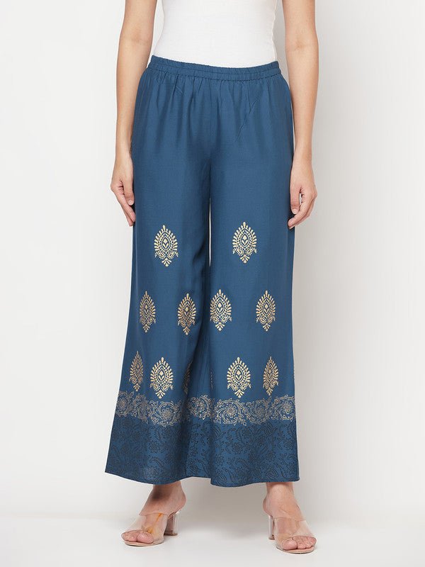 Aniyah Rayon Block Print Flared Slip-on Blue Palazzo