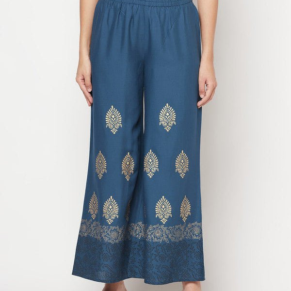 Aniyah Rayon Block Print Flared Slip-on Blue Palazzo