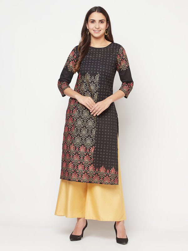 Aniyah Black Color Cotton Block Print Straight Kurta