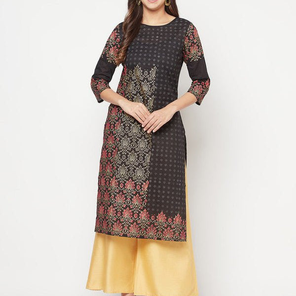 Aniyah Black Color Cotton Block Print Straight Kurta