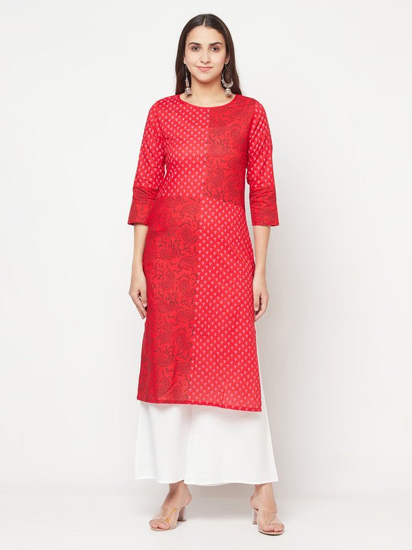 Aniyah Cotton Block Print Red Color Straight Kurta