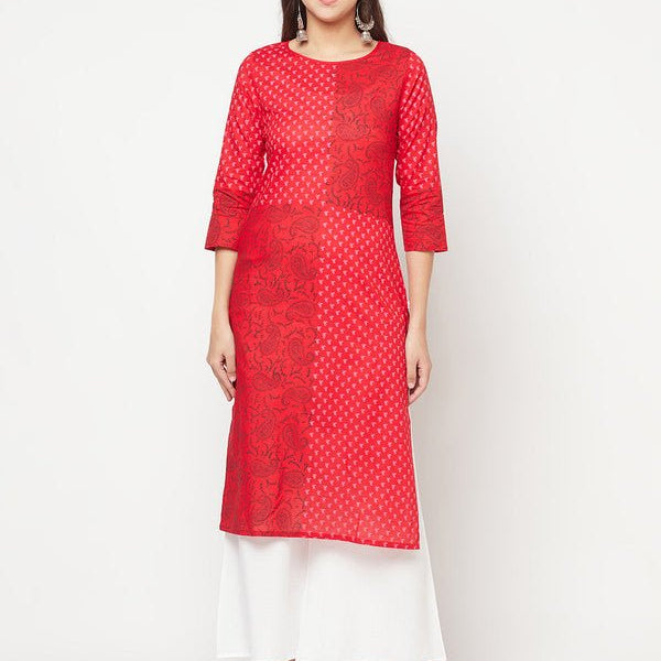Aniyah Cotton Block Print Red Color Straight Kurta