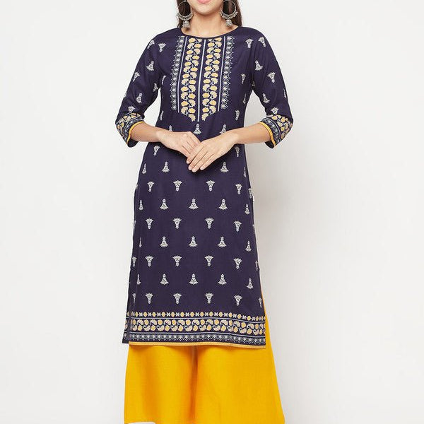 Aniyah Rayon Screen Print Navy Blue Straight Kurta