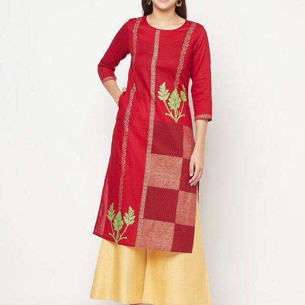 Aniyah Cotton Foil Print Maroon Straight Kurta