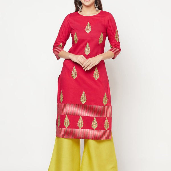 Aniyah Cotton Block Print Fuchsia Color Straight Kurta