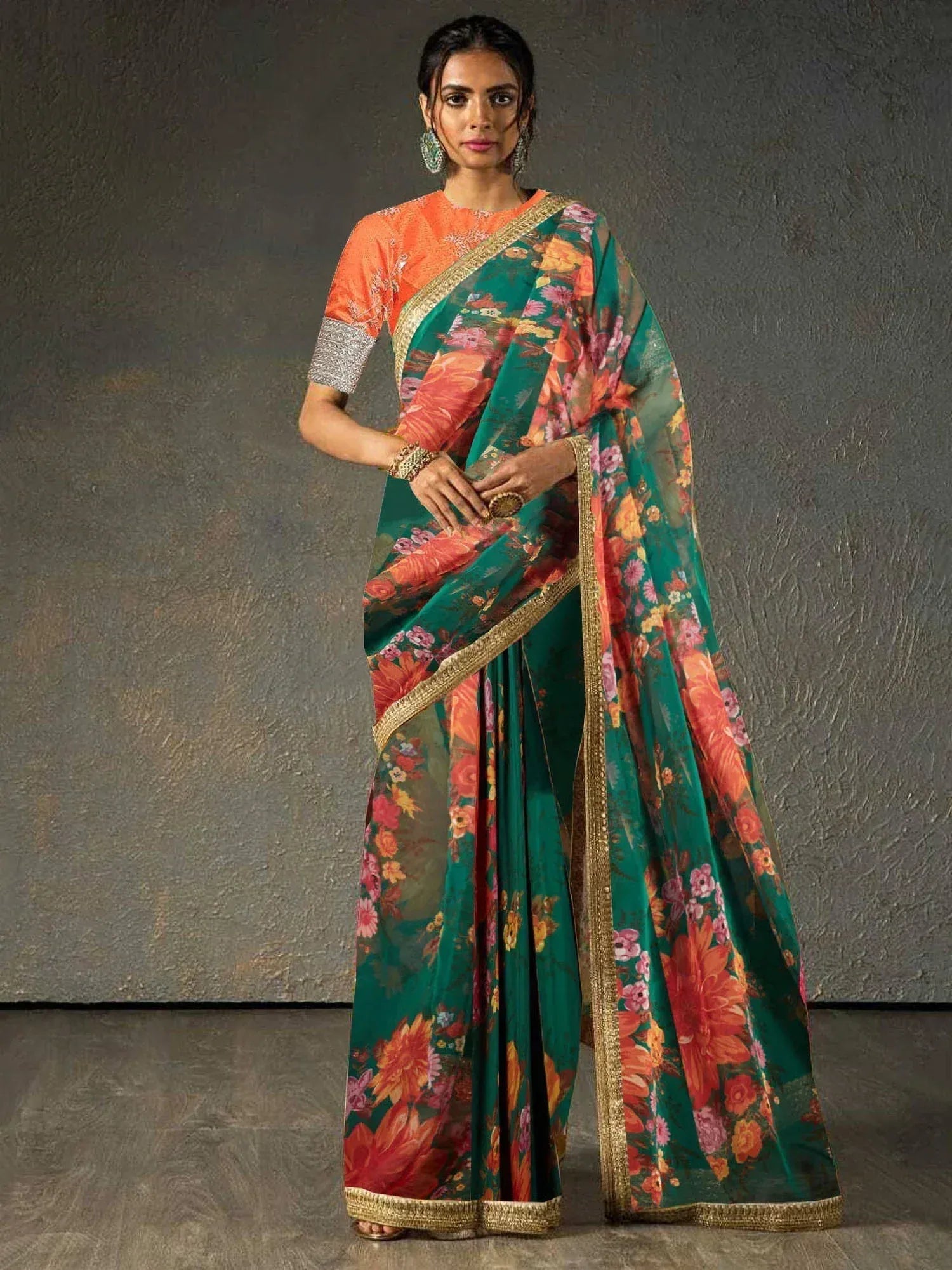 Tulsi Art Sabyasachi Green Floral Organza Wedding Wear Saree With Blouse - Dista
