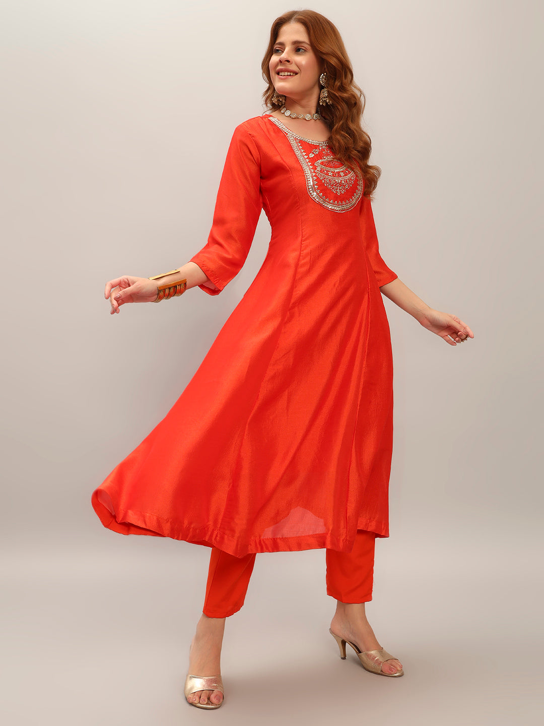 The52 Women's Orange Embroidered Vichitra Silk Fabric Straight Kurta, Pant and Dupatta Set
