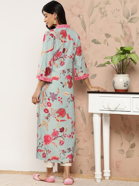 Varanga Women Sea Green Floral Printed Straight Kurta With 3/4Th Bell Sleeve - Distacart