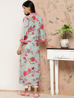 Thumbnail for Varanga Women Sea Green Floral Printed Straight Kurta With 3/4Th Bell Sleeve - Distacart