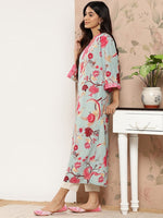 Thumbnail for Varanga Women Sea Green Floral Printed Straight Kurta With 3/4Th Bell Sleeve - Distacart
