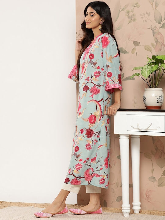 Varanga Women Sea Green Floral Printed Straight Kurta With 3/4Th Bell Sleeve - Distacart
