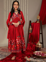 Thumbnail for Varanga Women Red Floral Printed Anarkali Kurta Paired With Tonal Bottom And Tonal Solid Chiffon Dupatta - Distacart