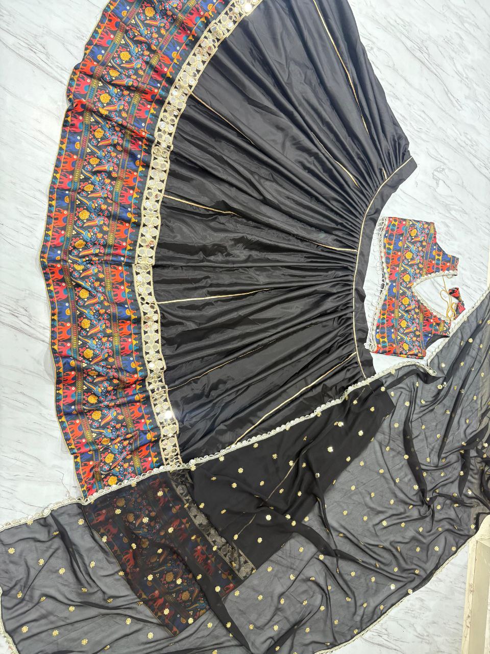 Pramukh Fab Black Color Satin Silk And French Crepe Silk Lehenga Choli