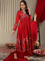 Thumbnail for Varanga Women Red Floral Printed Anarkali Kurta Paired With Tonal Bottom And Tonal Solid Chiffon Dupatta - Distacart