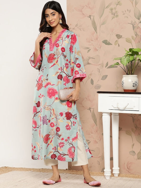 Varanga Women Sea Green Floral Printed Straight Kurta With 3/4Th Bell Sleeve - Distacart