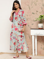 Thumbnail for Varanga Women Sea Green Floral Printed Straight Kurta With 3/4Th Bell Sleeve - Distacart