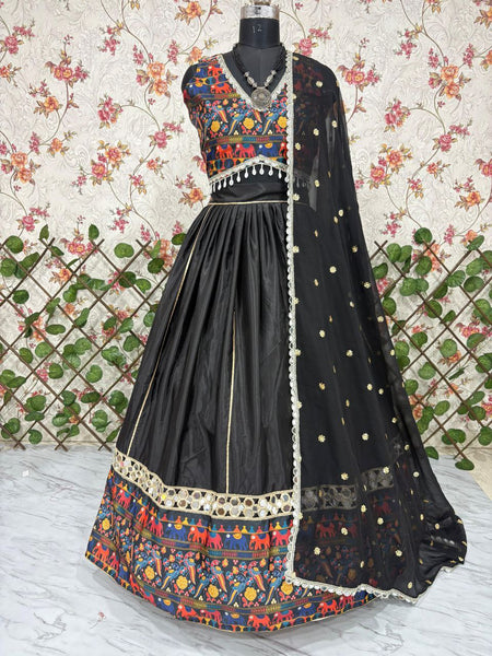 Pramukh Fab Black Color Satin Silk And French Crepe Silk Lehenga Choli