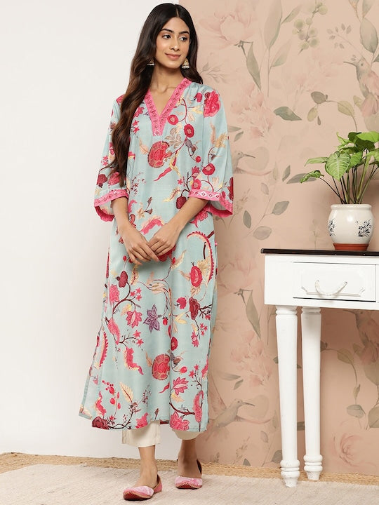 Varanga Women Sea Green Floral Printed Straight Kurta With 3/4Th Bell Sleeve - Distacart