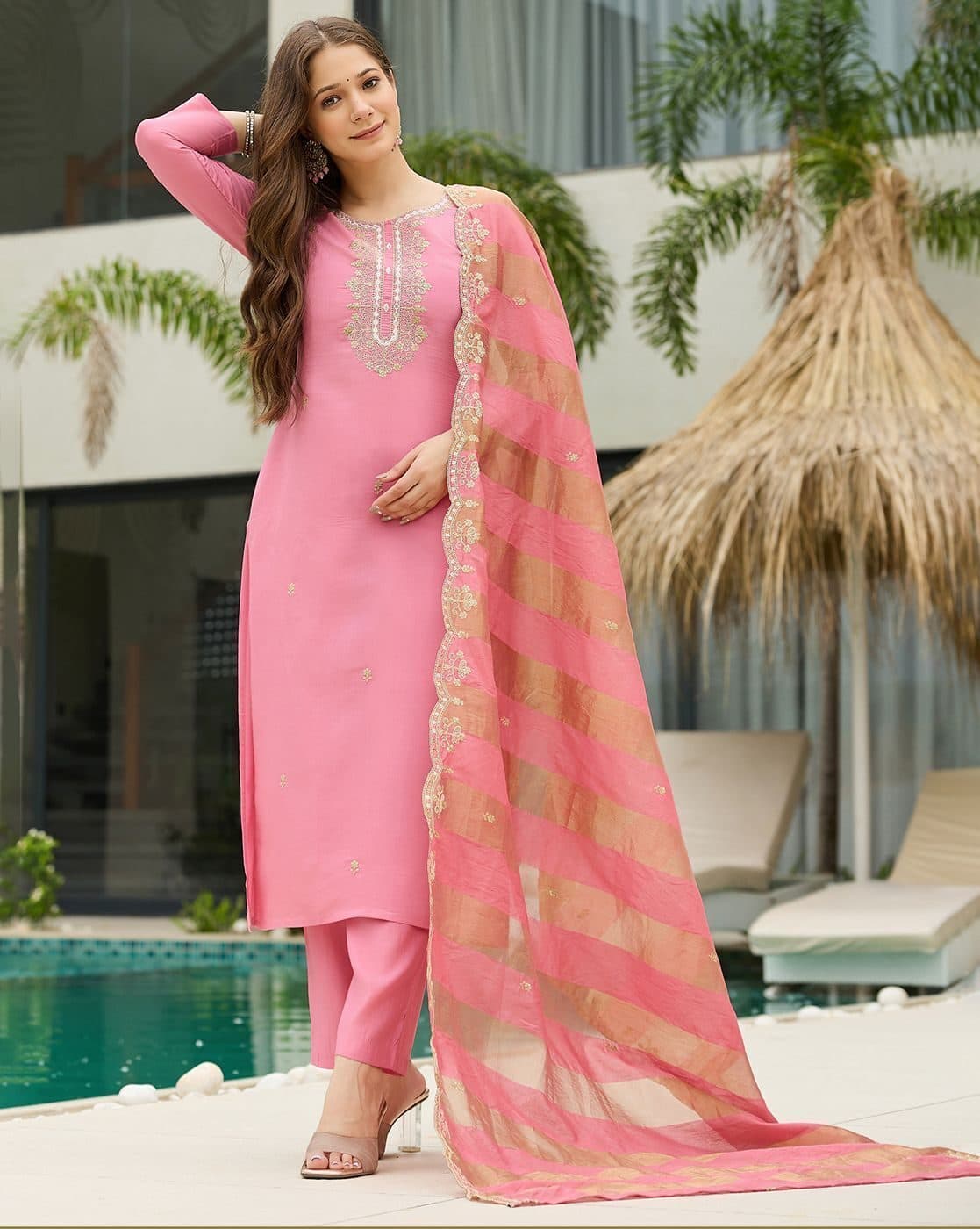 The52 Women's Gorgeous Cotton Blend Embroidery Straight Kurta with Pant And Dupatta Set
