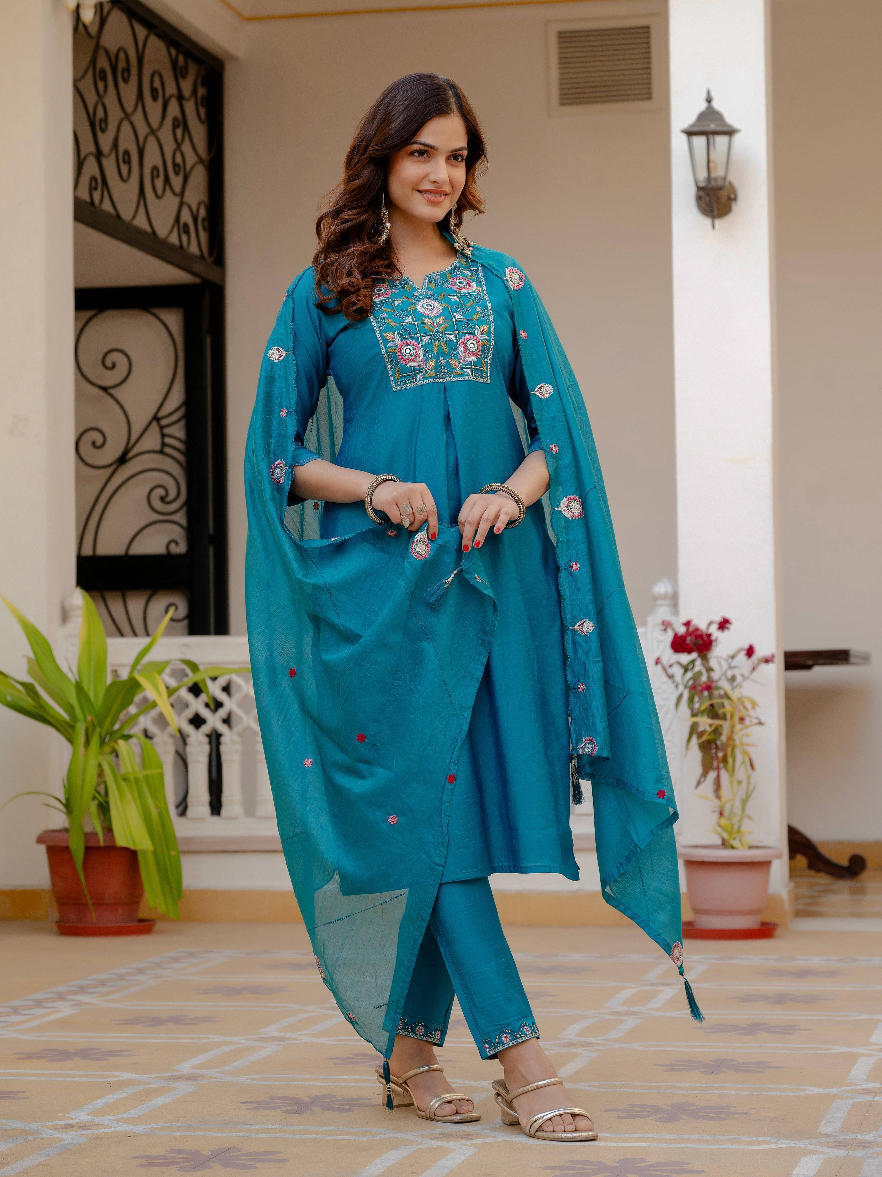 Pramukh Fab Firozi Color Viscose Mango Silk Kurta Set - Distacart