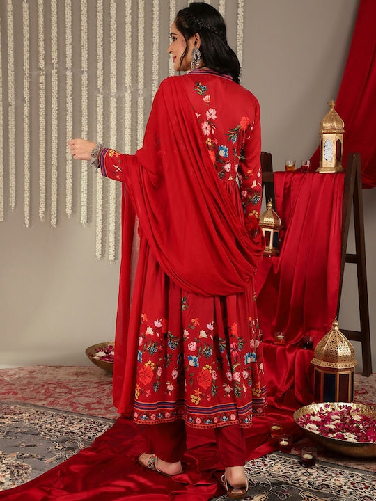 Varanga Women Red Floral Printed Anarkali Kurta Paired With Tonal Bottom And Tonal Solid Chiffon Dupatta - Distacart