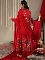 Thumbnail for Varanga Women Red Floral Printed Anarkali Kurta Paired With Tonal Bottom And Tonal Solid Chiffon Dupatta - Distacart
