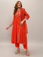 Thumbnail for The52 Embroidered Vichitra Silk Fabric Straight Kurta, Pant and Dupatta Set