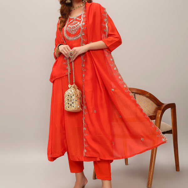 The52 Women's Orange Embroidered Vichitra Silk Fabric Straight Kurta, Pant and Dupatta Set - Distacart