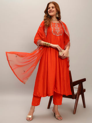 The52 Embroidered Vichitra Silk Fabric Straight Kurta, Pant and Dupatta Set