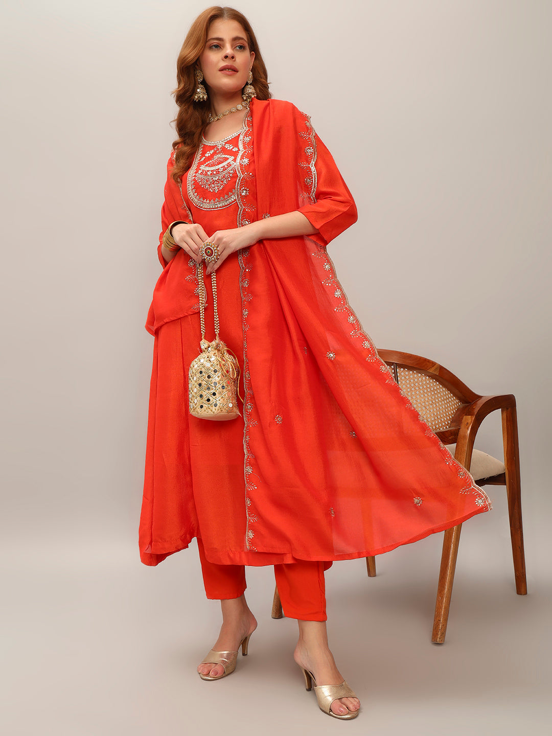 The52 Women's Orange Embroidered Vichitra Silk Fabric Straight Kurta, Pant and Dupatta Set