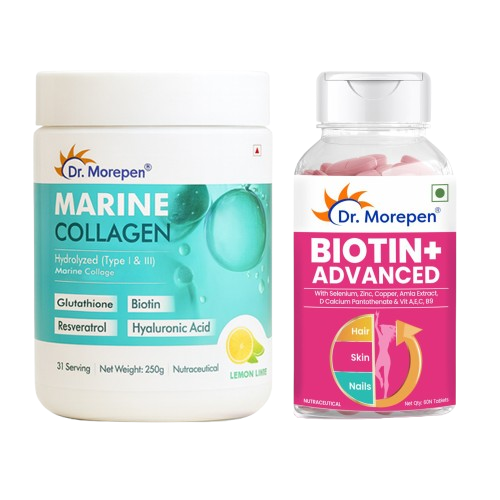 Dr. Morepen Biotin+ Advanced Tablets & DR. Morepen Marine Collagen Powder with Glutathione, Hyaluronic Acid, Resveratrol & Biotin Lemon Lime Flavour - Combo - Distacart