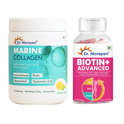 Dr. Morepen Biotin+ Advanced Tablets & DR. Morepen Marine Collagen Powder with Glutathione, Hyaluronic Acid, Resveratrol & Biotin Lemon Lime Flavour - Combo - Distacart
