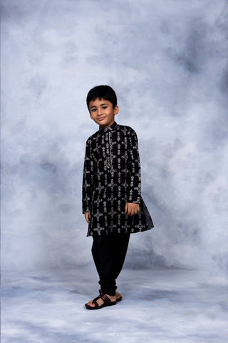 Ahalyaa Boys Black Chanderi Gold Printed Kids Kurta Churidar Set - Distacart