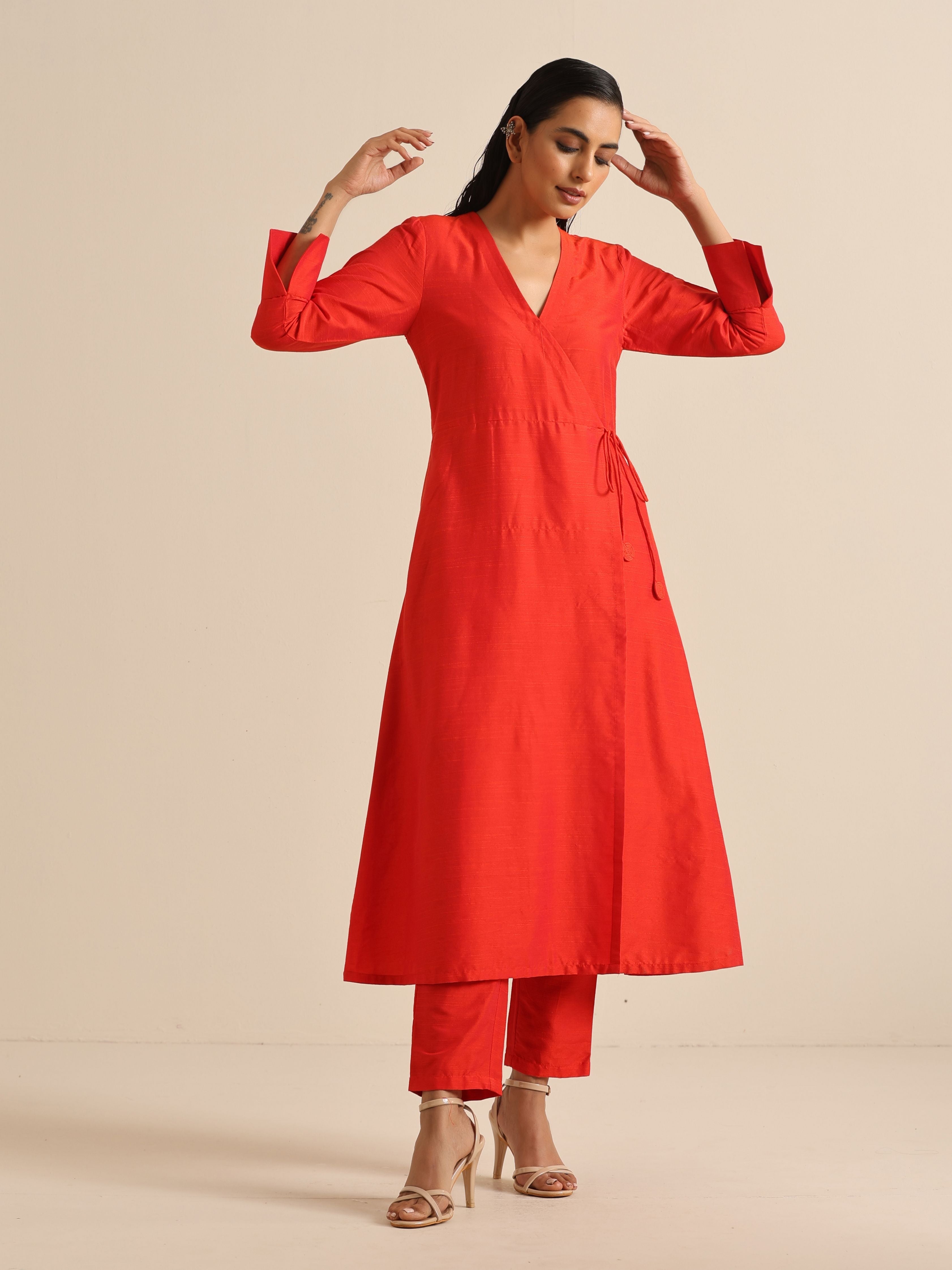 trueBrowns Orange Dupion Blend Angrakha Kurta Pant Set - Distacart