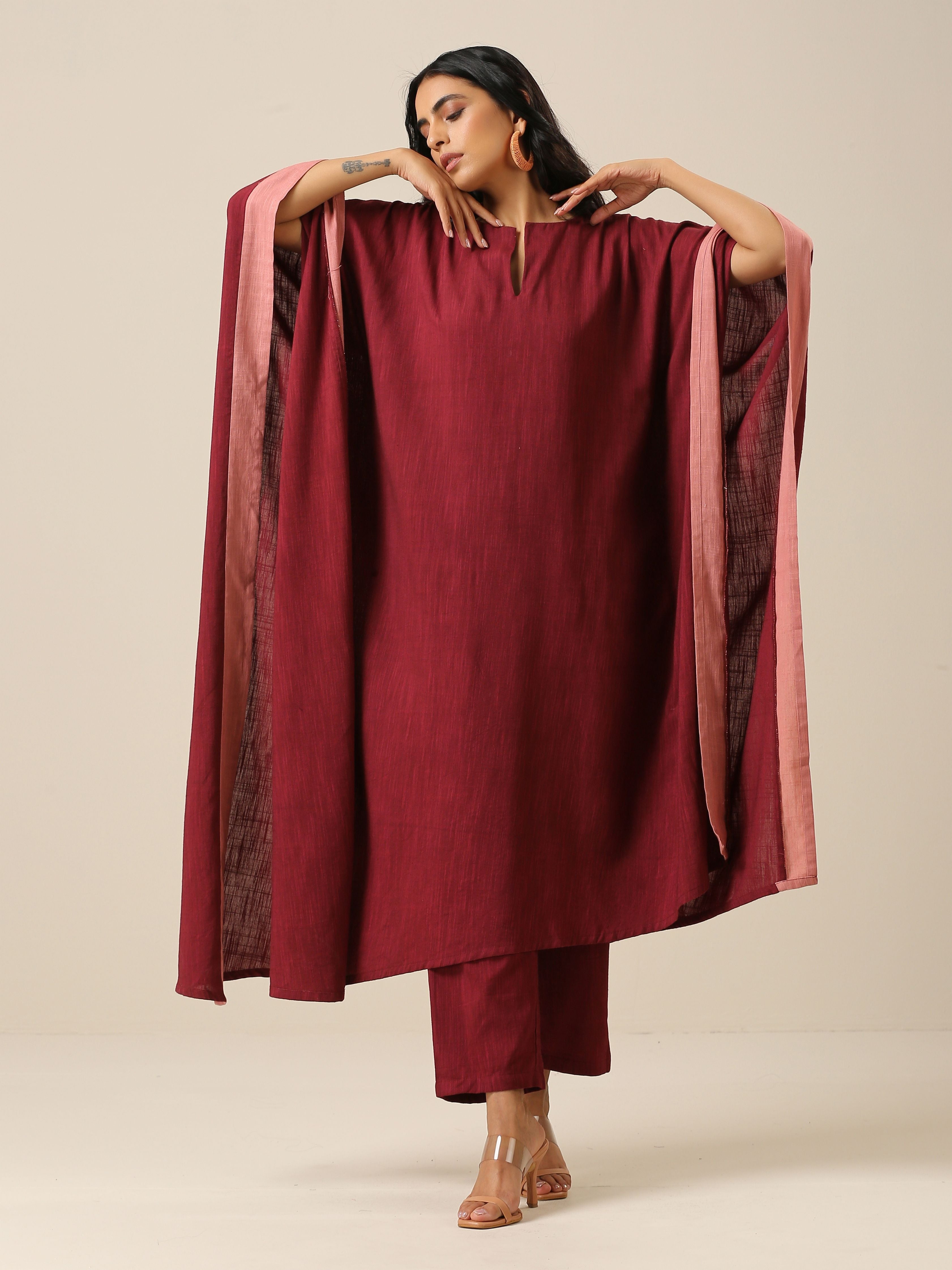 trueBrowns Ruby Wine Slub Texture High Low Kaftan Pant Set - Distacart