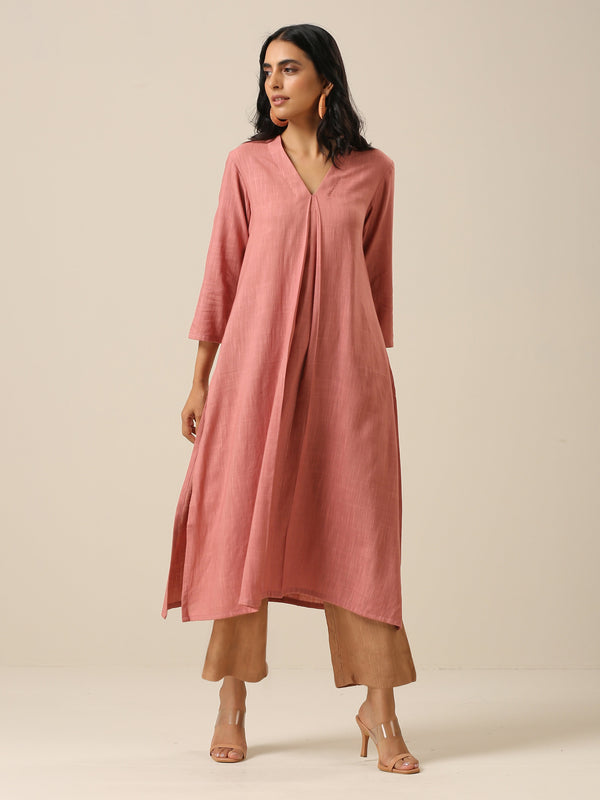 trueBrowns Light Mauve Slub Texture Neck Pleat Kurta Pant Set - Distacart