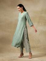Thumbnail for trueBrowns Light Green Bandhani Printed Silk High Slit Kurta Pant Set - Distacart