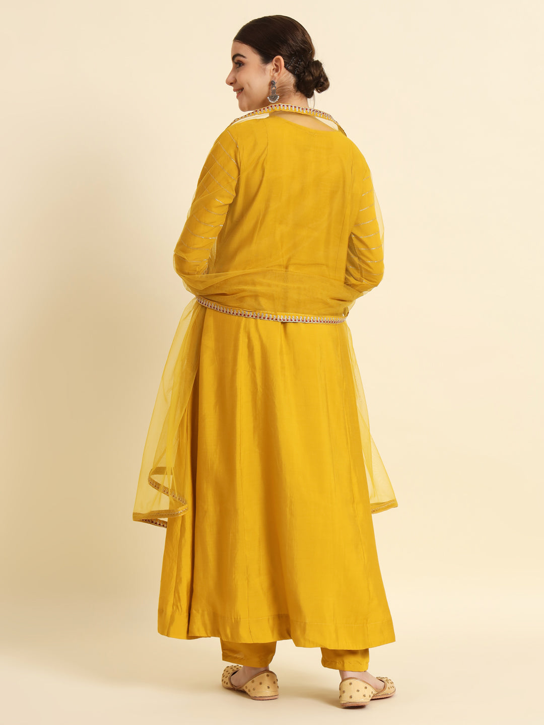 The52 Sequence Embroidered Plating Work Mustard Yellow Pure Chanderi Silk Flare Kurta With Pant & Dupatta Set